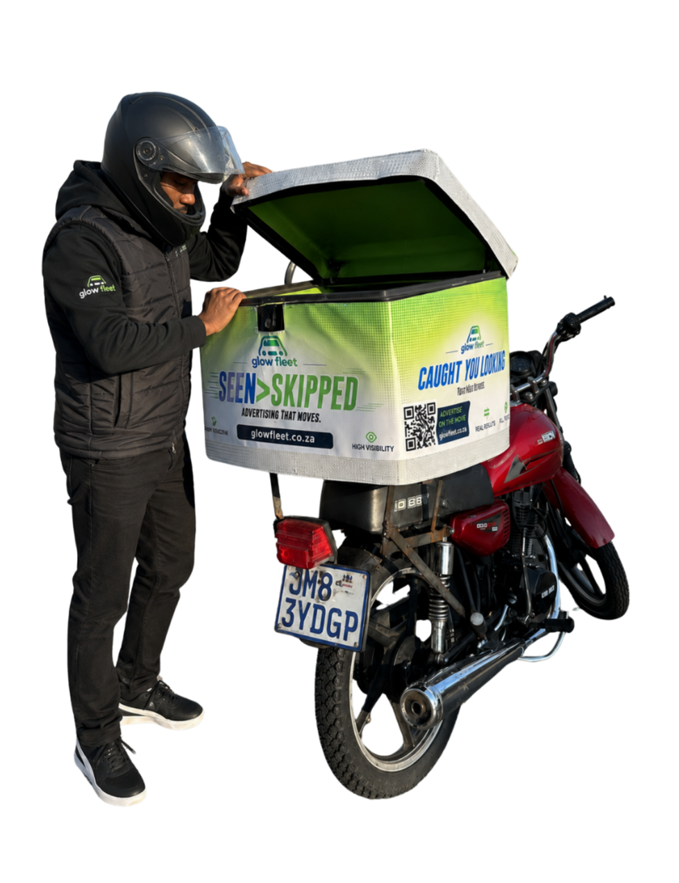 glow driver glow fleet delivery bike rider advertising in Johannesburg